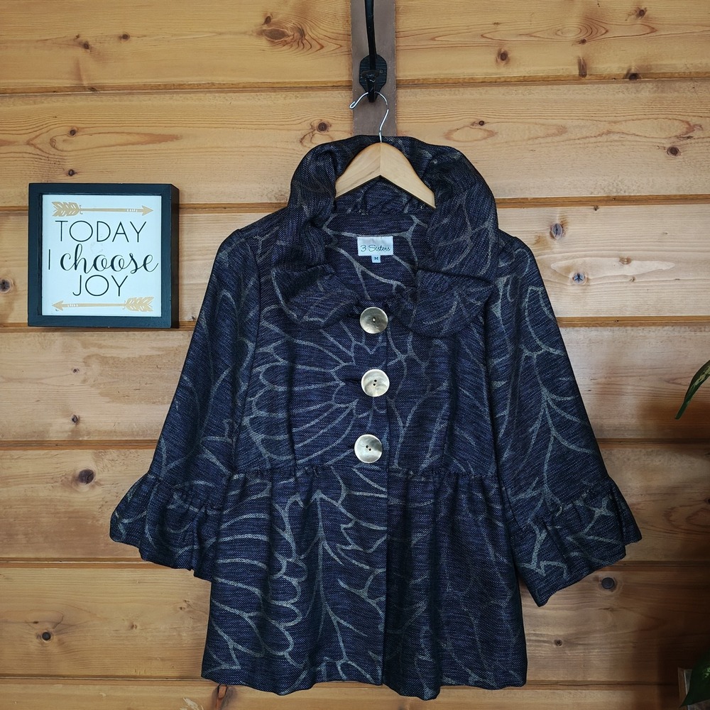3 Sisters 3S857 Tweed Peplum Jacket Abstract Ruffle Pleats Chic Career Blazer M